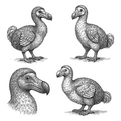 Dodo birds in multiple poses with detailed vintage hand drawn sketch style, Transparent Background © FriskySloths