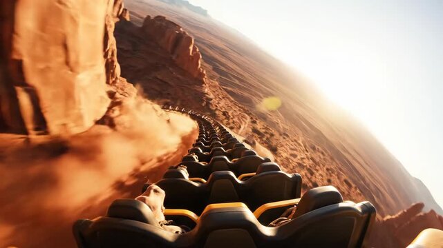 Exhilarating point-of-view roller coaster ride speeding through a stunning desert canyon landscape at sunset.