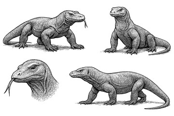 Obraz premium Komodo dragons in multiple poses with detailed vintage hand drawn sketch style, Transparent Background