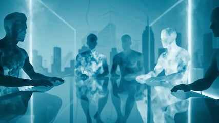 Abstract Group Meeting in Cyan Futuristic Environment with Glowing Geometric Shapes and City Silhouette - Powered by Adobe