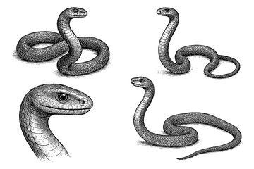 Obraz premium Black mamba snake in hand-drawn sketch style with textured shading, Transparent Background