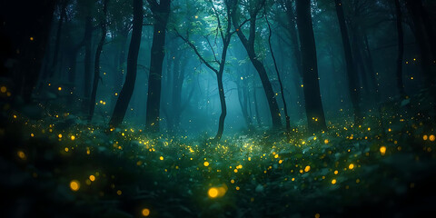 Mystical night forest glowing with countless fireflies creating an enchanting serene and deeply magical atmosphere