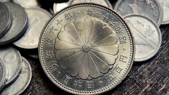 500 yen coins minted in 1986 in obverse view suitable for finance, currency, japanese culture, money concept designs and projects.