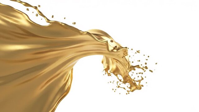 Golden liquid splash flowing dynamically with smooth shiny metallic fluid motion, luxury abstract design featuring bright highlights, elegant curves, and smooth fluid texture creating dynamic
