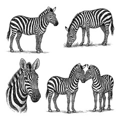 Zebras in multiple poses with detailed vintage hand drawn sketch style, Transparent Background