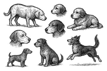 Dog breeds in poses with hand drawn sketch style, Transparent Background