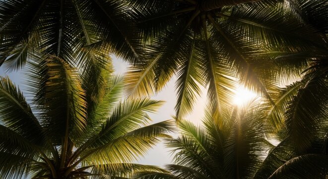 Sunlight shines through lush green palm leaves on a bright day