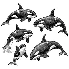 Orca whales in hand drawn sketch style, Transparent Background © FriskySloths