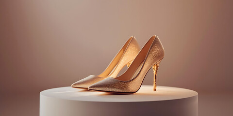Elegant gold high heels displayed on white pedestal against warm brown background luxurious sophisticated