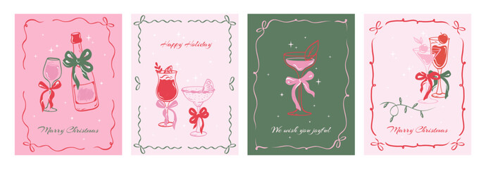 Merry Christmas greeting card set. Posters Xmas trendy hand drawn art with frame glasses of champagne, wine glass and bows. Vector.