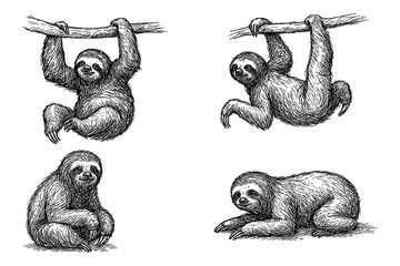 Naklejka premium Sloths in multiple poses with detailed hand drawn pen sketch style, Transparent Background