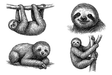 Naklejka premium Sloths in multiple poses with detailed hand drawn pen sketch style, Transparent Background