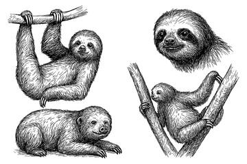Naklejka premium Sloths in multiple poses with detailed hand drawn pen sketch style, Transparent Background