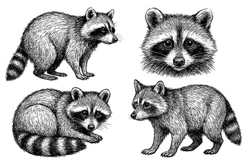 Raccoons in various poses with detailed hand drawn sketch style, Transparent Background © FriskySloths