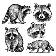 Raccoons in various poses with detailed hand drawn sketch style, Transparent Background © FriskySloths