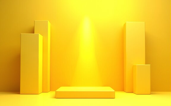 3d rendering of yellow abstract geometric background. Scene for advertising, technology, showcase, banner, cosmetic, fashion, sport, business, metaverse, cyber. Sci-Fi Illustration. Product display
