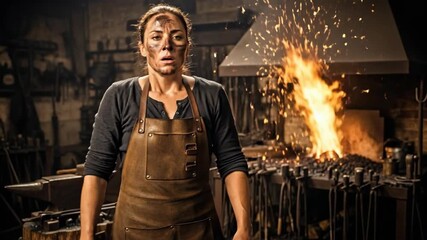 Woman blacksmith covered in soot wiping her forehead near a blazing forge with sparks flying. Heavy craftsmanship work.