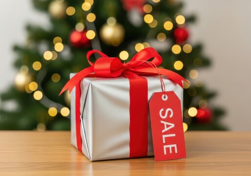 Festive silver gift box with red ribbon and sale tag in front of a blurry christmas tree