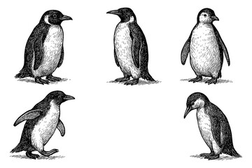 Naklejka premium Penguins in hand drawn sketch style, Transparent Background