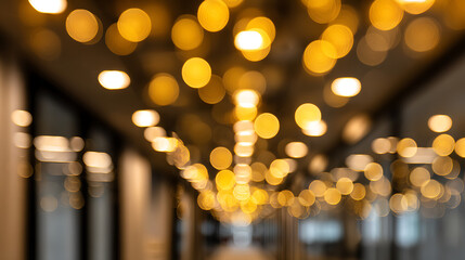 Soft golden light orbs illuminate a blurred interior hallway bokeh lights