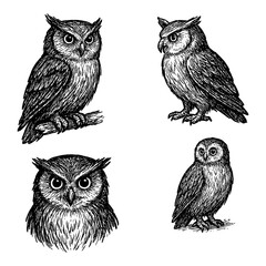 Owls in hand drawn sketch style, Transparent Background
