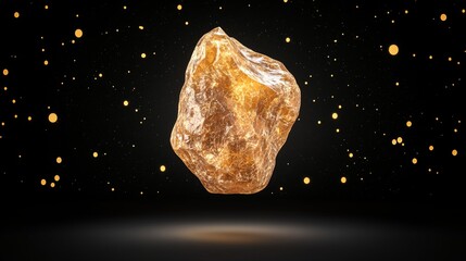 Glowing Amber Stone: Enchanting Floating Mineral Surrounded by Luminous Particles