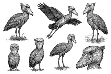 Naklejka premium Shoebill birds in hand drawn sketch style, Transparent Background