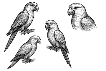 Parrot birds in hand drawn sketch style, Transparent Background