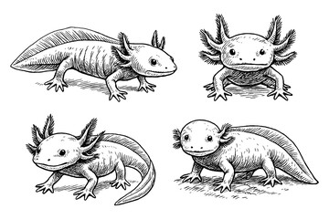 Axolotl in hand-drawn sketch style with textured shading, Transparent Background