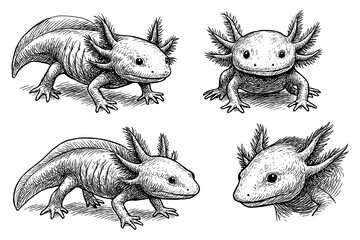 Axolotl in hand-drawn sketch style with textured shading, Transparent Background