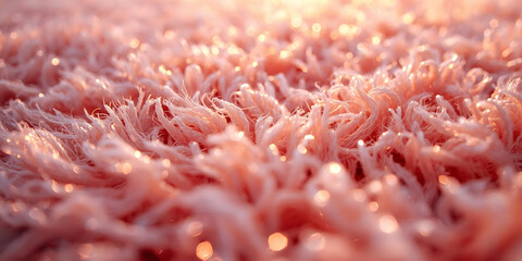 Close-up of soft pink shaggy carpet with sunlight warm glow cozy inviting textured fibers