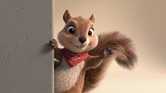 Cartoon Squirrel Peeking Out from Behind a Concrete Wall with Red Bandana and Friendly Expression