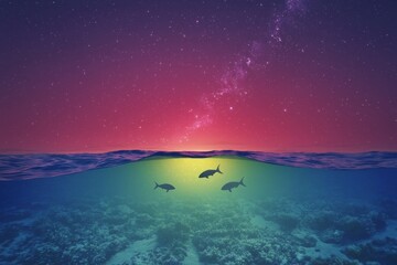 Starry Night Over Ocean with Lit Coral Reef and Silhouetted Fish