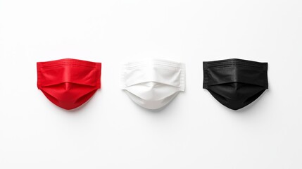 Trio of Colorful Face Masks: Red, White, and Black on a Clean White Background