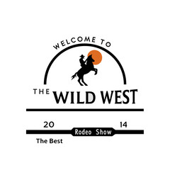 Wild west rodeo show emblem design with cowboy on horse sunset