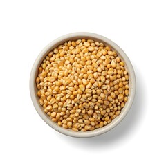  corn seeds in ceramic bowl isolated on white background. Top view. Flat lay 