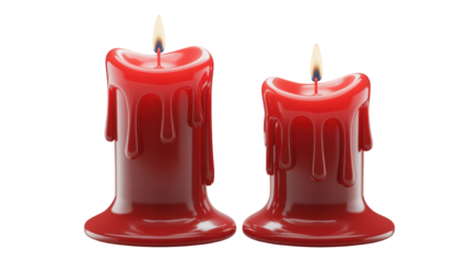 Two red dripping wax candles with burning flames illuminating the dark isolated on transparent background