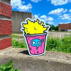 Colorful Cartoon French Fry Sticker on Concrete Wall Outdoors