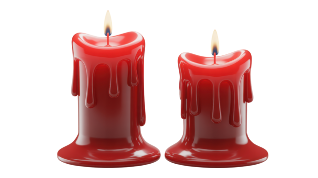 Two red dripping wax candles with burning flames illuminating the dark isolated on transparent background - Powered by Adobe