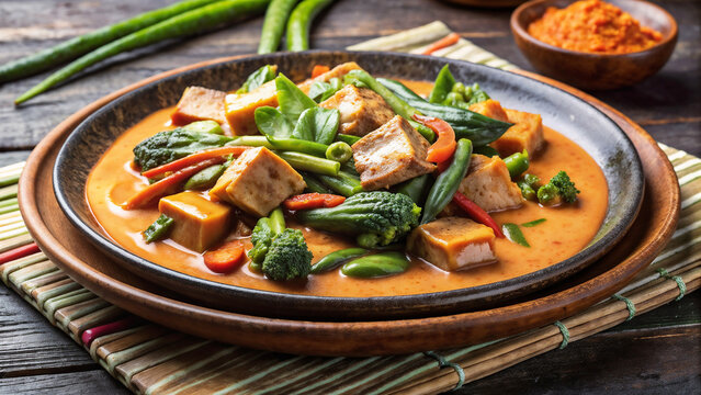 Delicious kare-kare with vegetables and thick sauce served on rustic wooden table. Kare kare with vegetables and thick sauce is a traditional Filipino stew with rich flavors.
