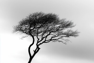 Minimalist Tree Portrait with Twisting Bare Branches in Black and White