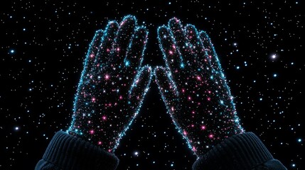 Night Sky Sparkle: Magical Hands Clad in Cosmic Starry Gloves Amidst a Stellar Universe Backdrop