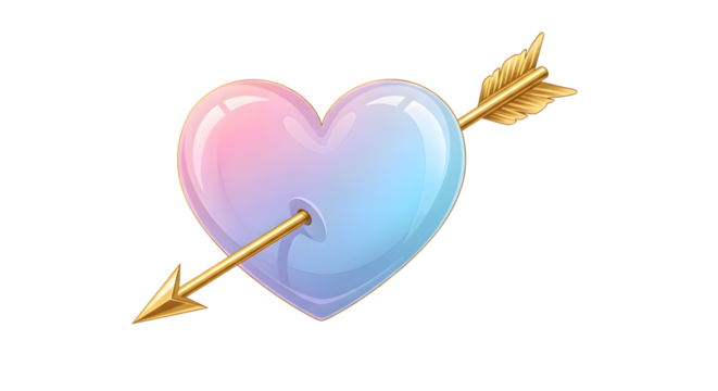 Translucent heart pierced by golden arrow symbolizing love isolated on transparent background