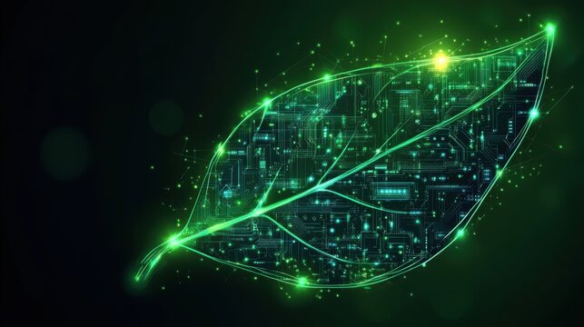 Glowing Green Circuit Leaf Symbolizing Digital Nature
