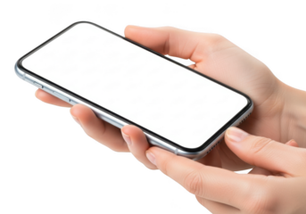 Hands holding a modern smartphone with a blank grey screen for customization and usage transparent background