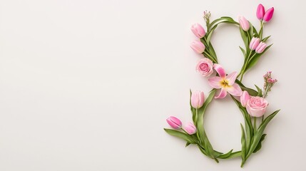 Fototapeta premium Floral Ampersand Design with Pink Tulips and Green Leaves on White Background