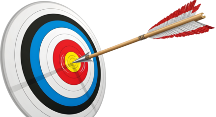 Archery arrow perfectly hitting the bullseye on a target isolated on transparent background