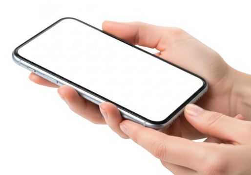 Hands holding a modern smartphone with a blank grey screen for customization and usage transparent background