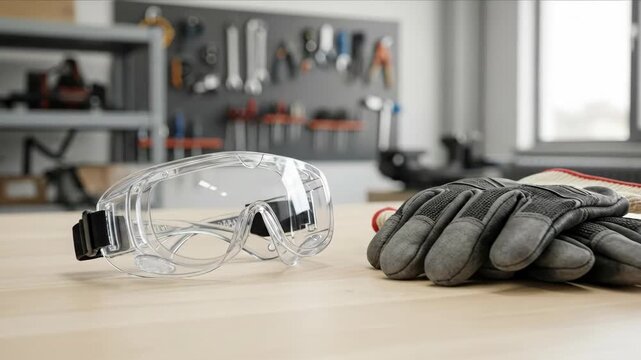 Transparent safety goggles and gray working gloves on a wooden workbench table with tools in workshop background for protection concept.