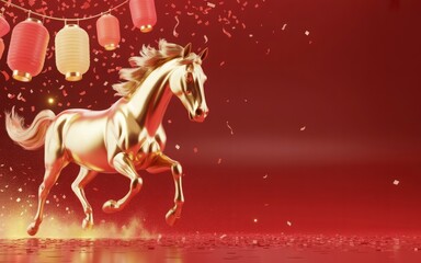 Stylized golden horse figure in motion with dramatic lighting and red festive backdrop, Chinese zodiac, year of the horse, Lunar New Year, red horse illustration, zodiac horse, festive illustration, p